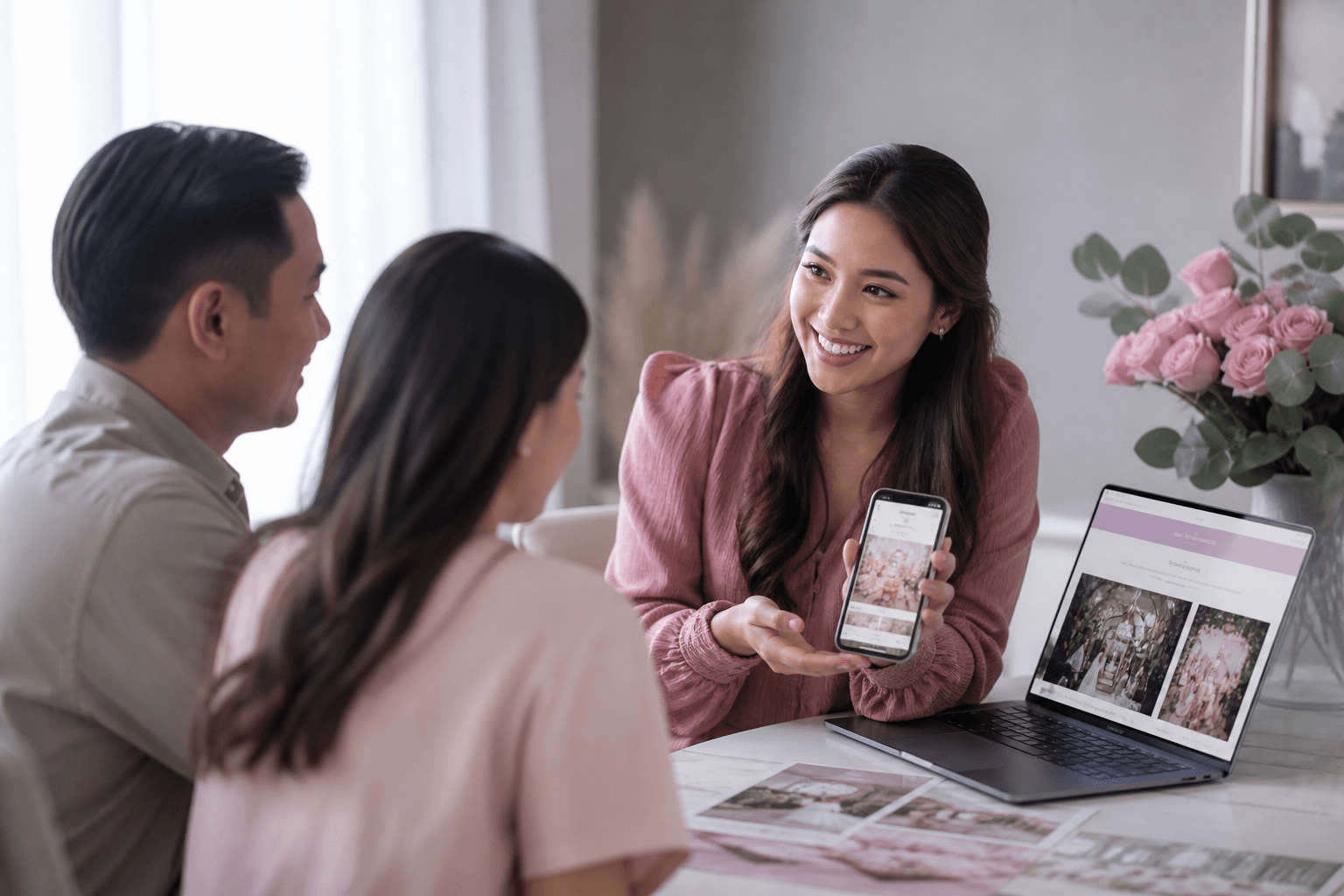 Wedding planner showing WedPlanner on a phone to a couple at a bright studio table