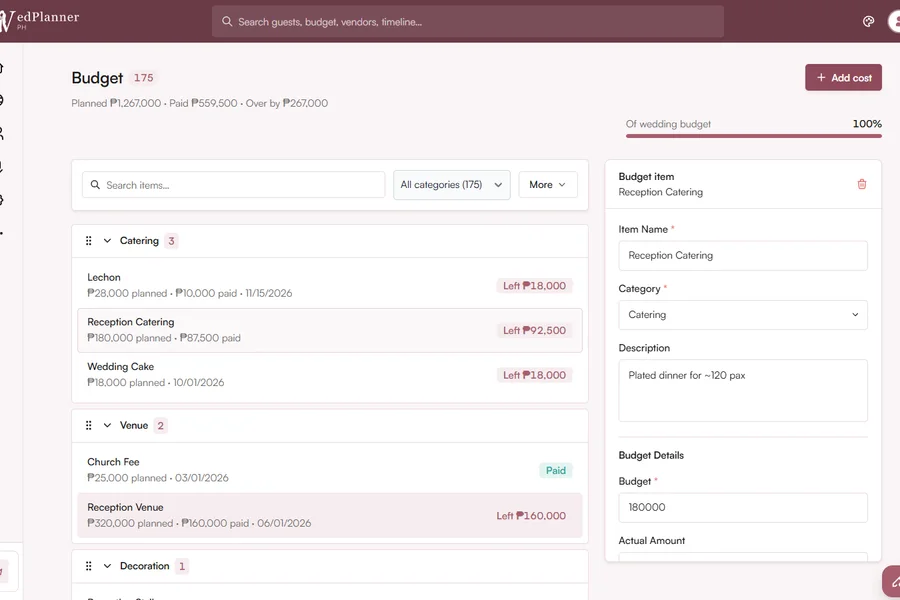 WedPlanner wedding budget tracker in Philippine Peso