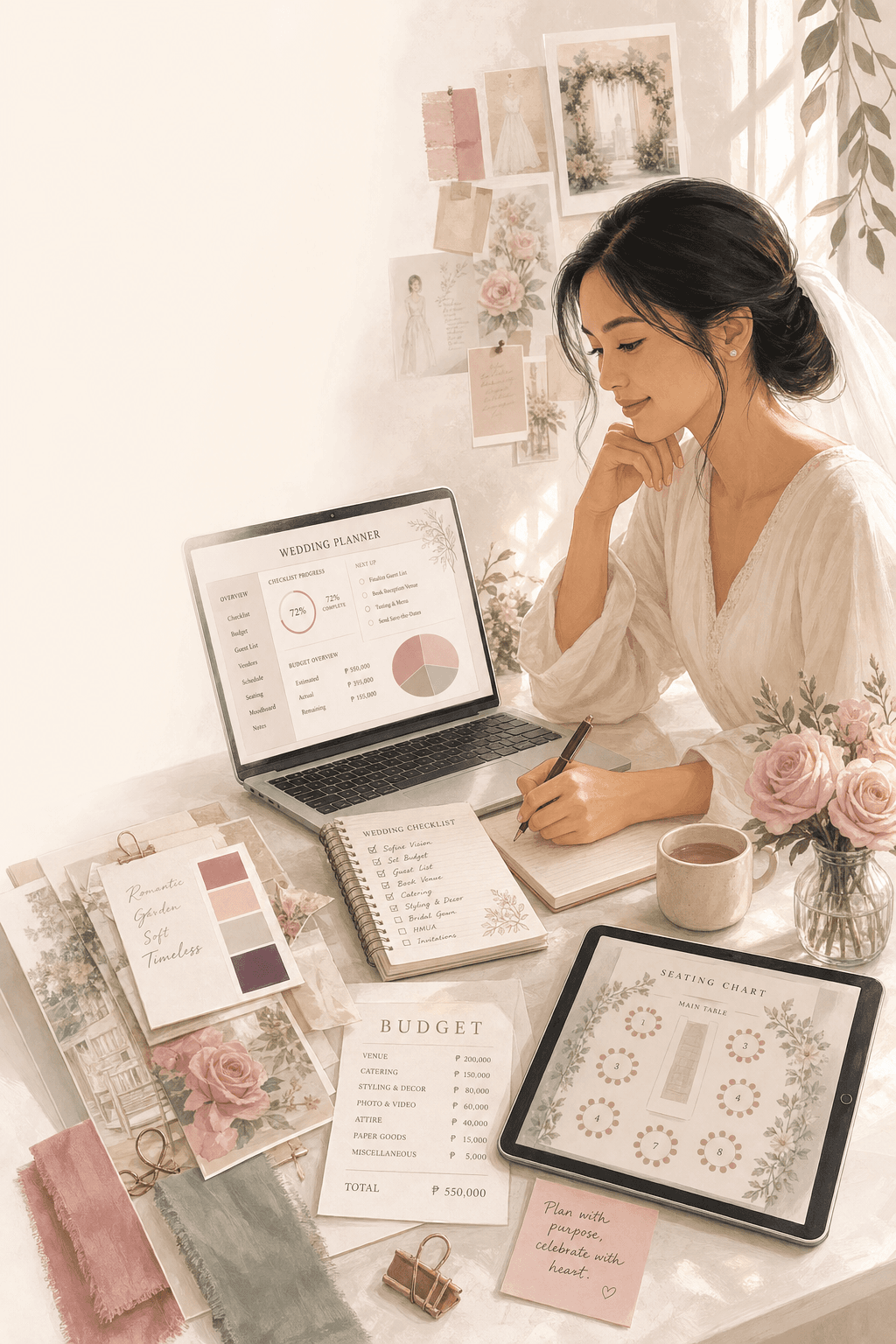 Bride reviewing wedding planning details