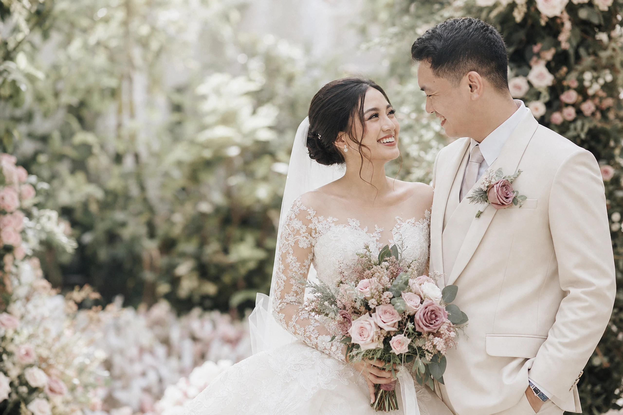 Happy Filipino bride and groom after their wedding