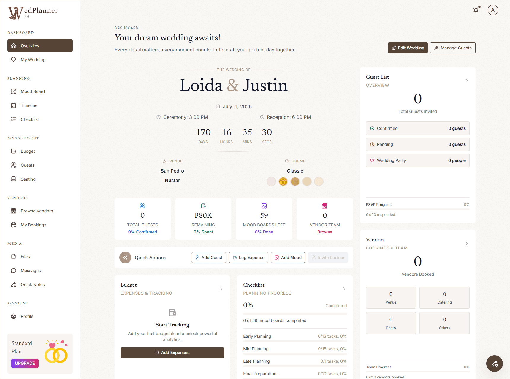 WedPlanner dashboard overview showing wedding planning features