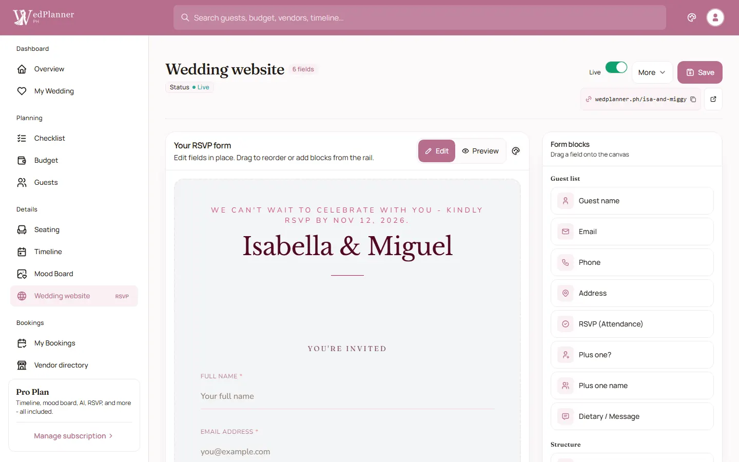 WedPlanner wedding website RSVP page