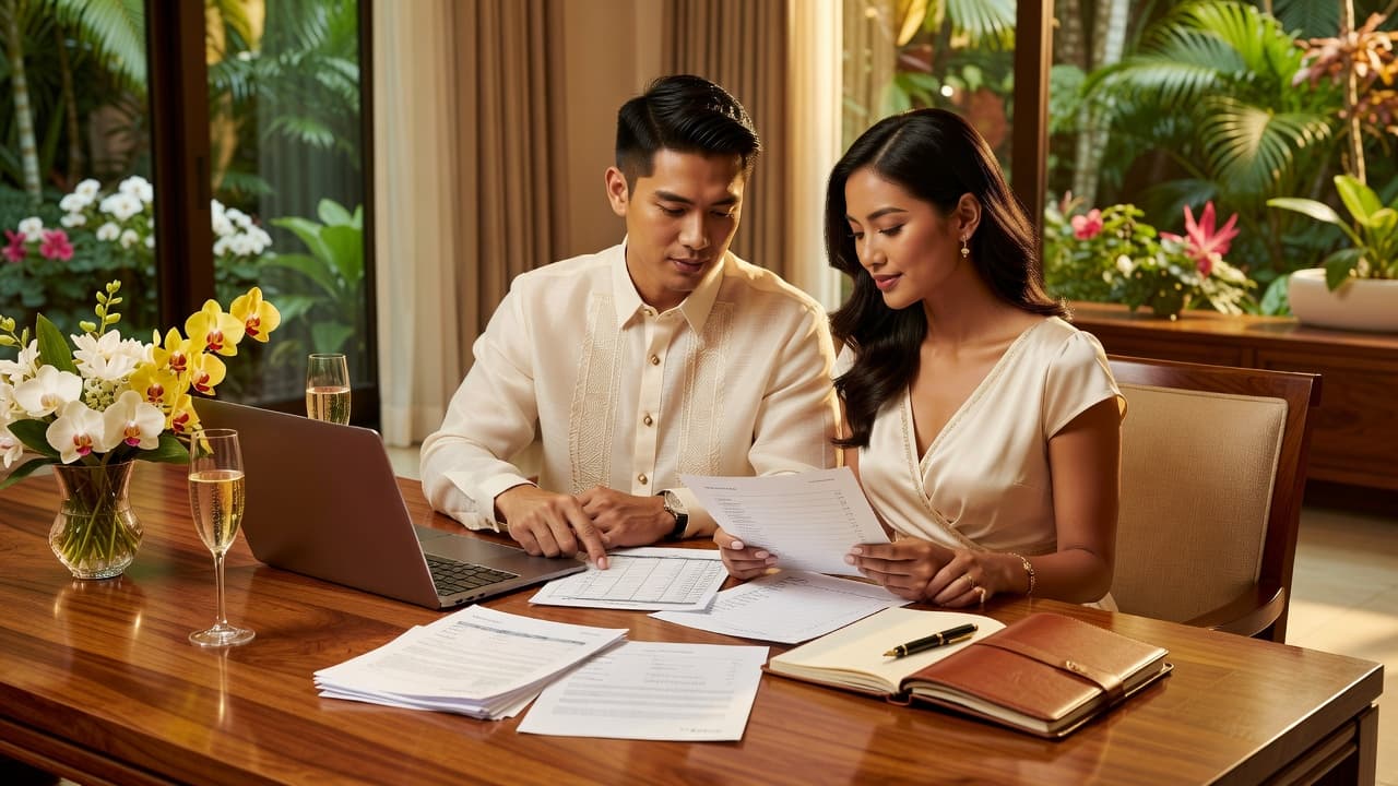 Filipino couple reviewing a wedding budget spreadsheet with a guest list and vendor quotes in the Philippines
