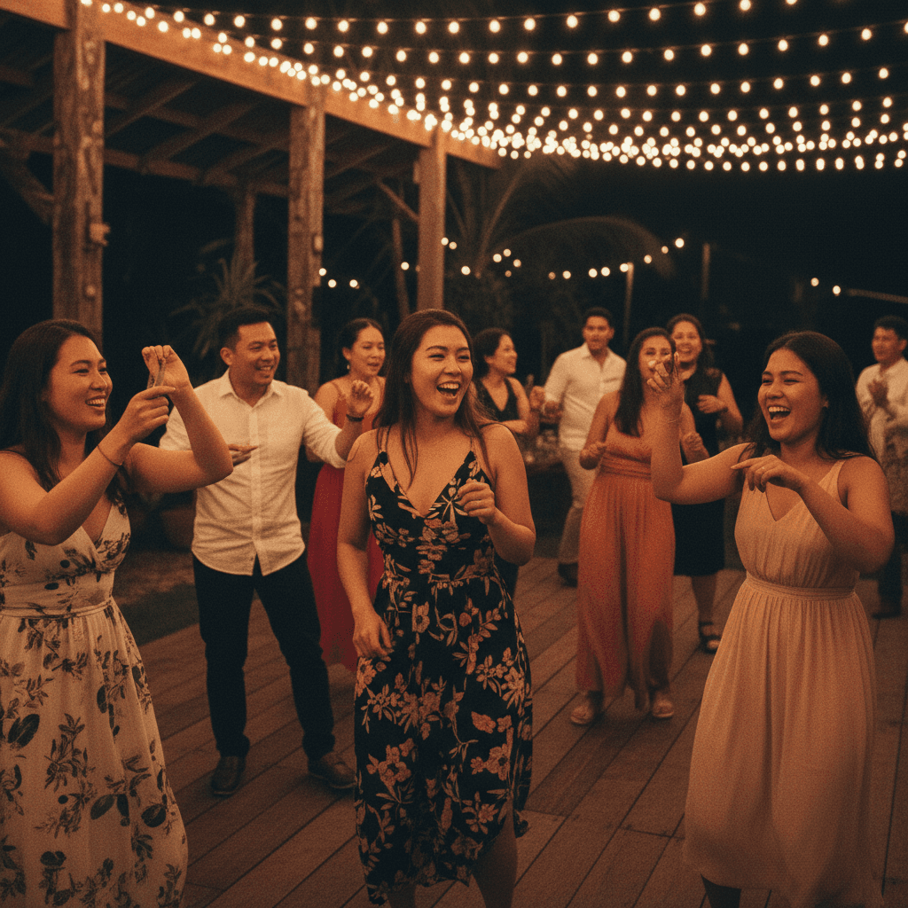 A cozy, late-night wedding after-party in a rustic Philippine setting, string lights overhead, a mobile bar serving calamansi cocktails, friends and family dancing on a wooden floor, a joyful and high-energy atmosphere