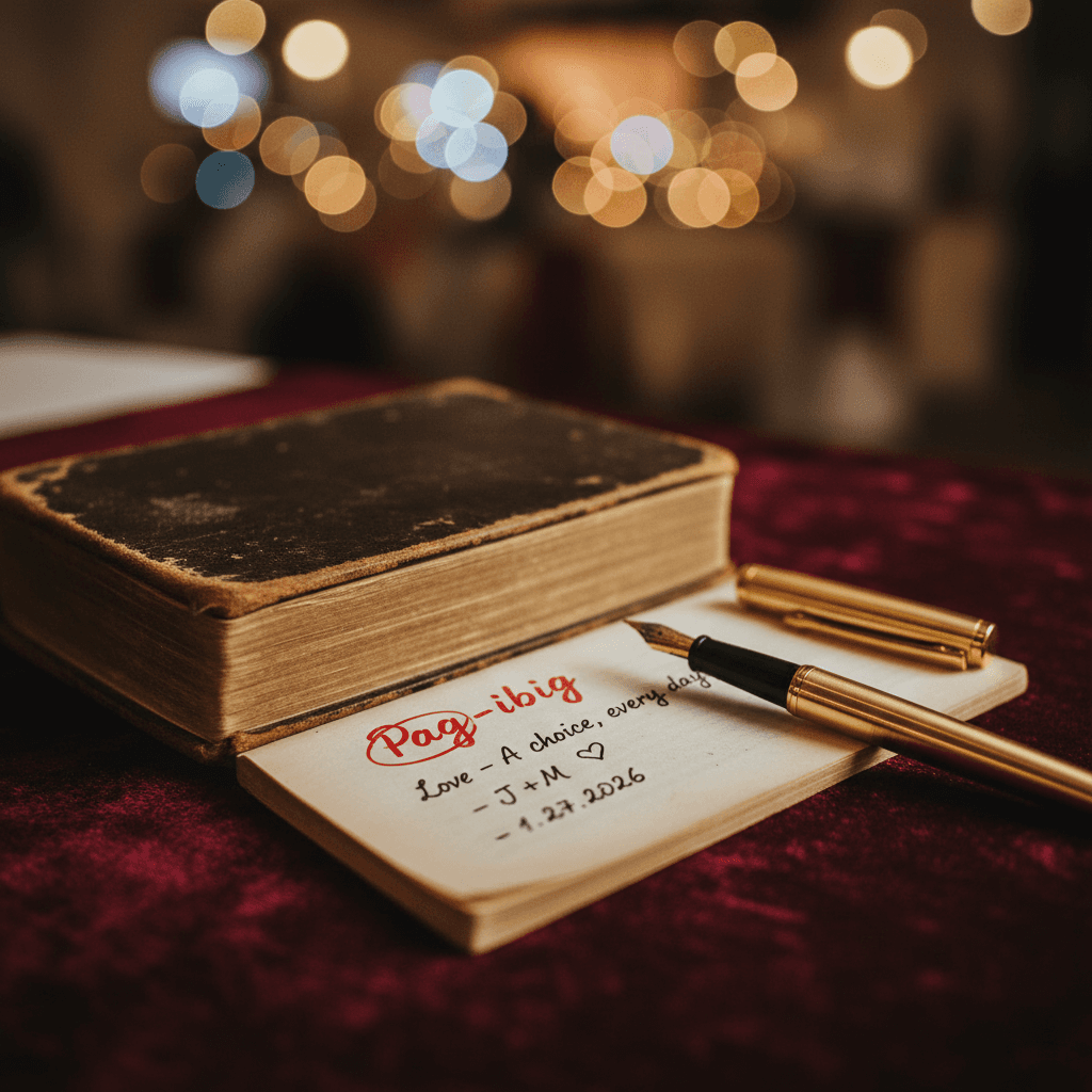 A close-up shot of an old, leather-bound English-Tagalog dictionary on a velvet table runner