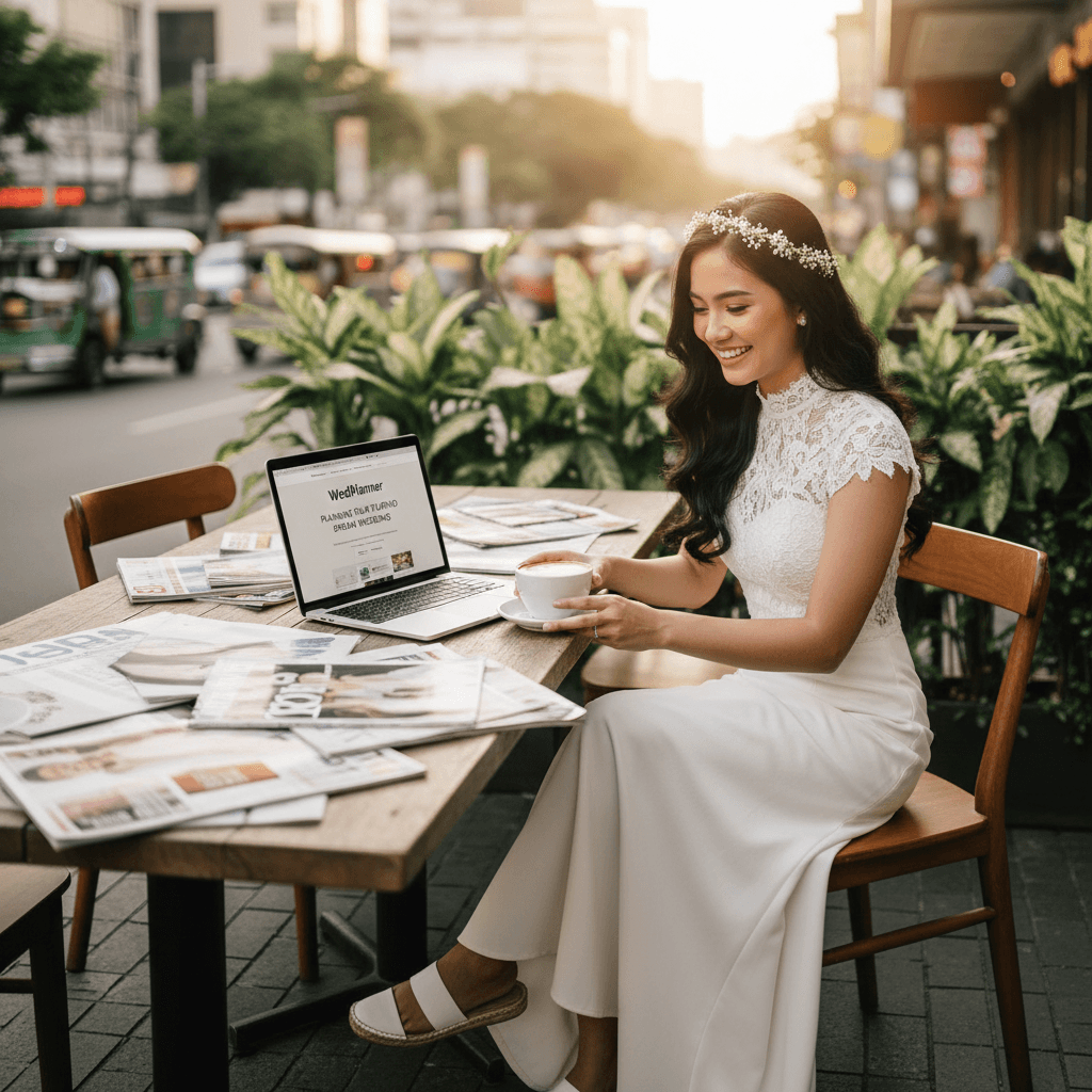 A happy but stylish Filipina bride sitting at a wooden café table in Makati, surrounded by wedding magazines and a laptop showing the WedPlanner website