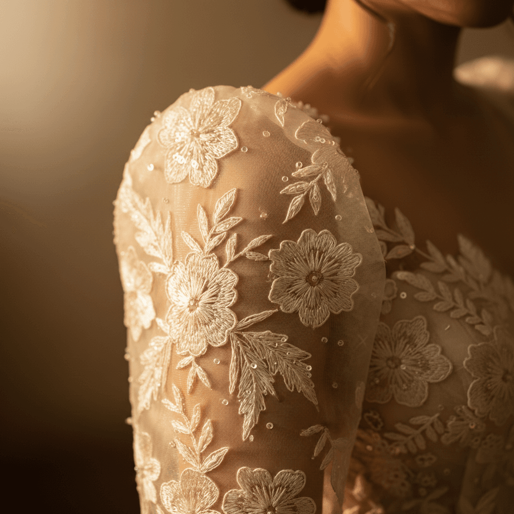 A close-up of a Filipiniana-inspired wedding gown detail, showing delicate butterfly sleeves made of piña fabric with intricate floral embroidery. The light is warm, highlighting the texture of the traditional Filipino weaving