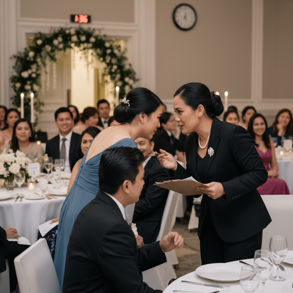 A Close up Filipino professional wedding coordinator in a smart black suit, holding a clipboard and talking discreetly to a guest at the entrance guests are seated at round tables