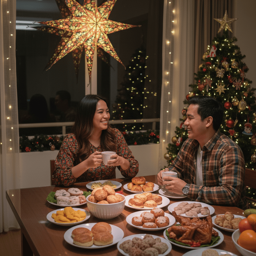 A warm, cozy interior of a modern Filipino home during Christmas. A beautifully decorated Parol hangs by the window