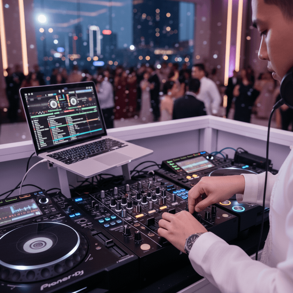 A sleek, modern wedding DJ setup at a contemporary hotel reception in Makati. The DJ
