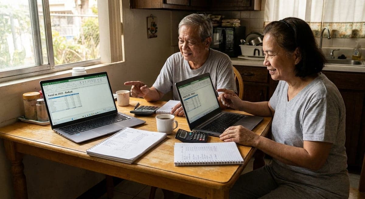Filipino couple planning wedding budget at kitchen table with laptops and spreadsheets