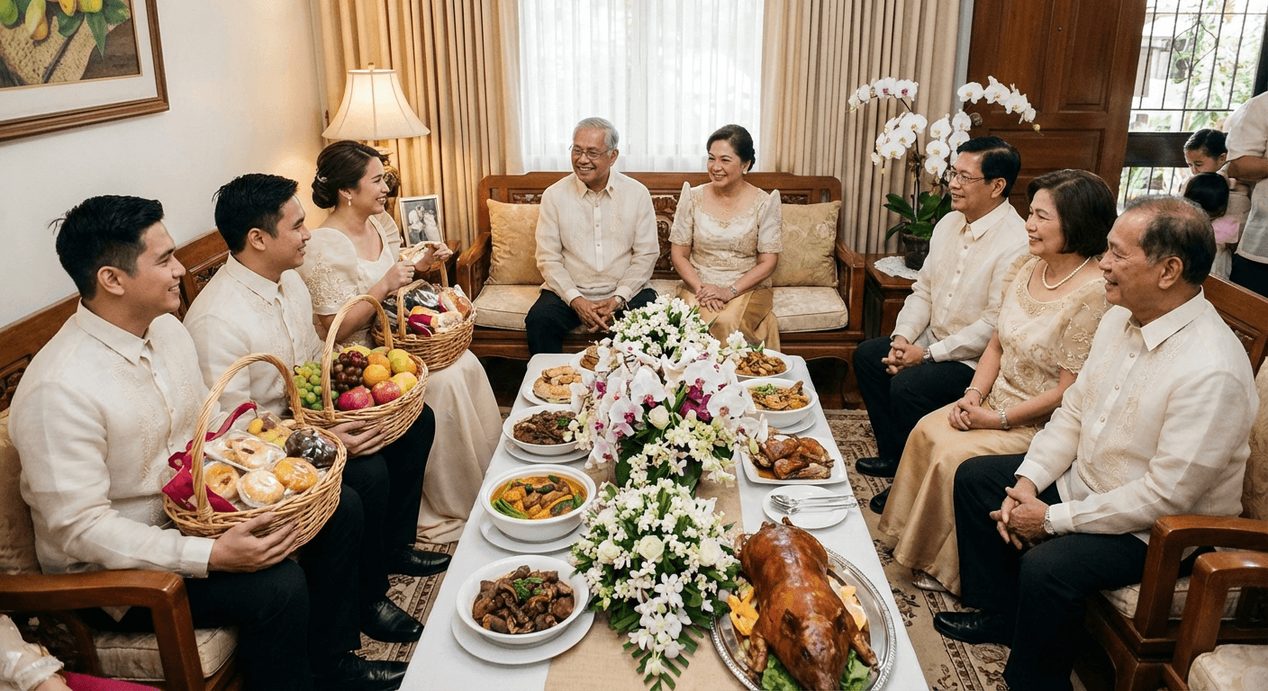 Traditional Filipino bride in modern terno dress with butterfly sleeves holding sampaguita bouquet