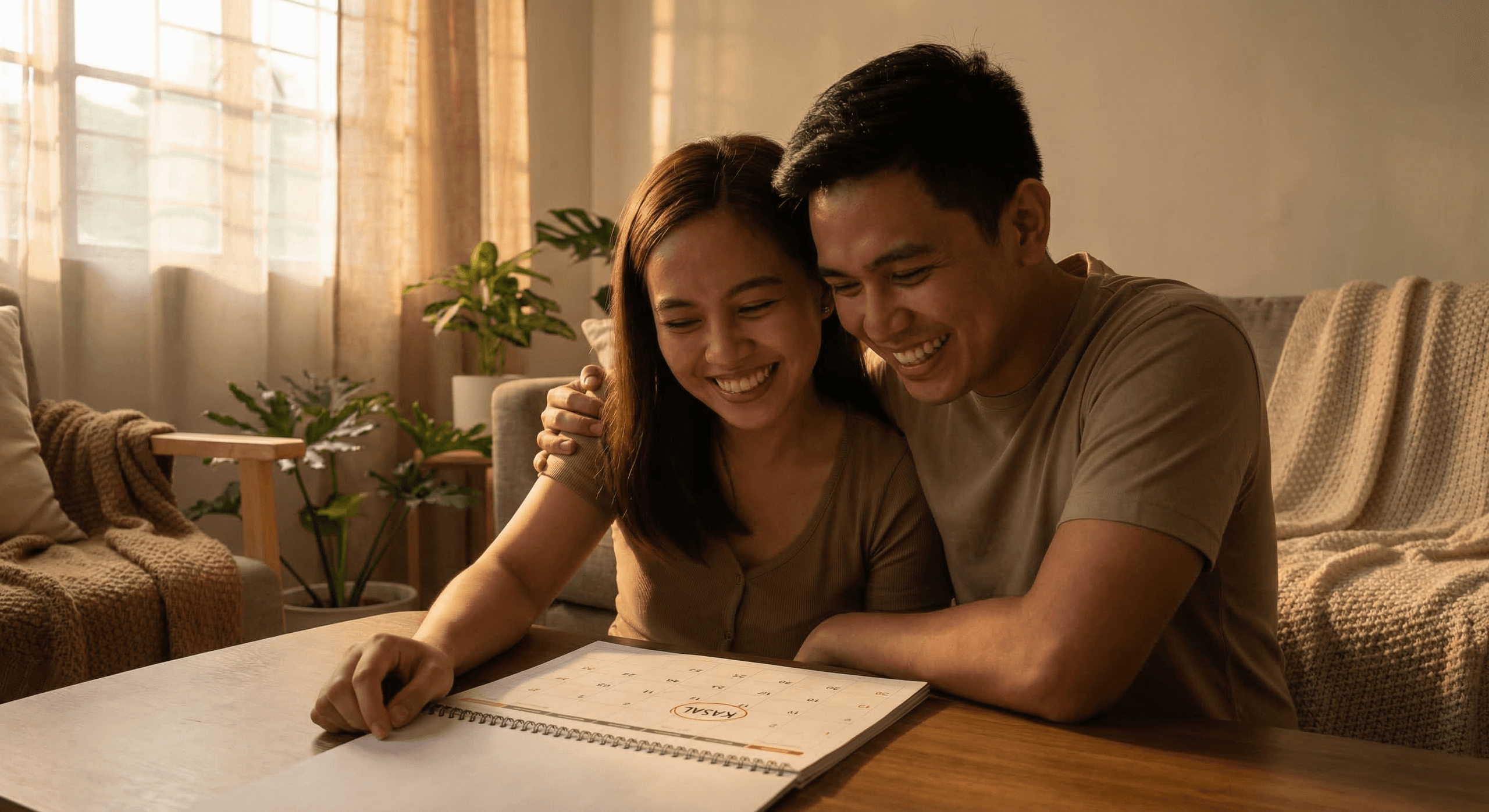 Filipino couple planning wedding date looking at calendar