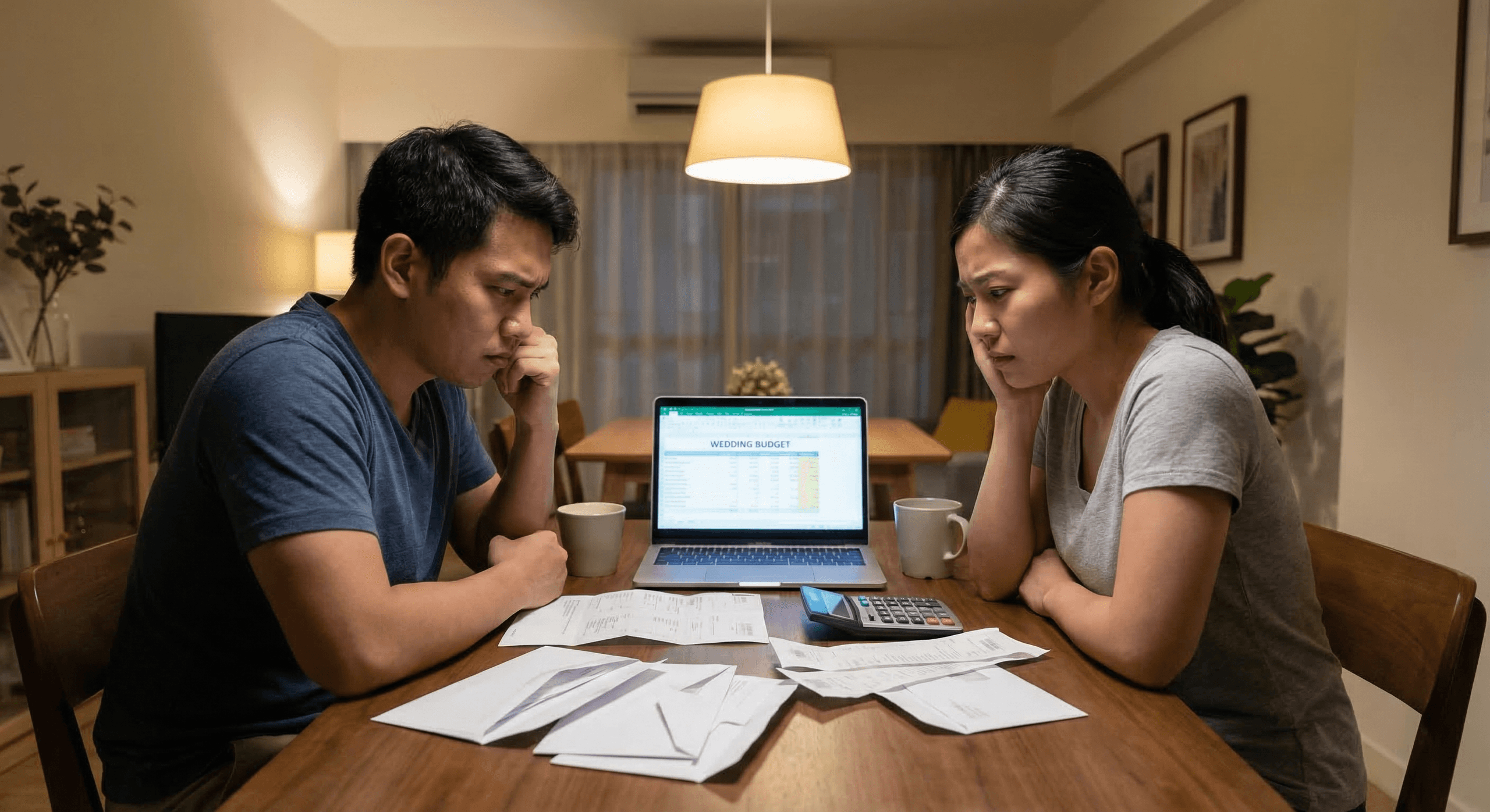 Filipino couple stressed while reviewing wedding budget
