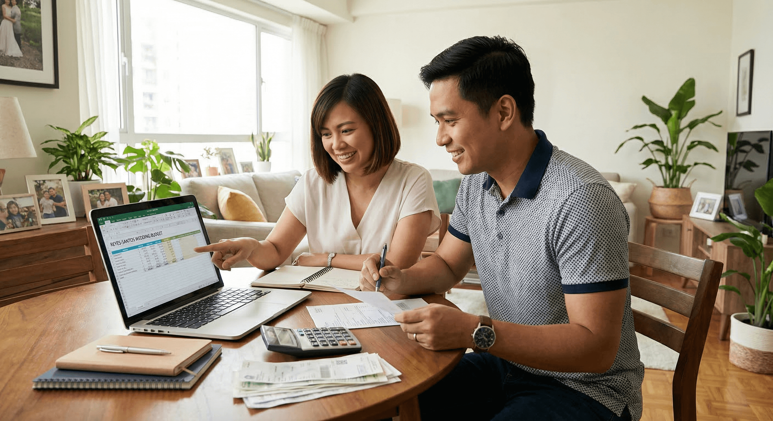 Filipino couple reviewing wedding budget on laptop