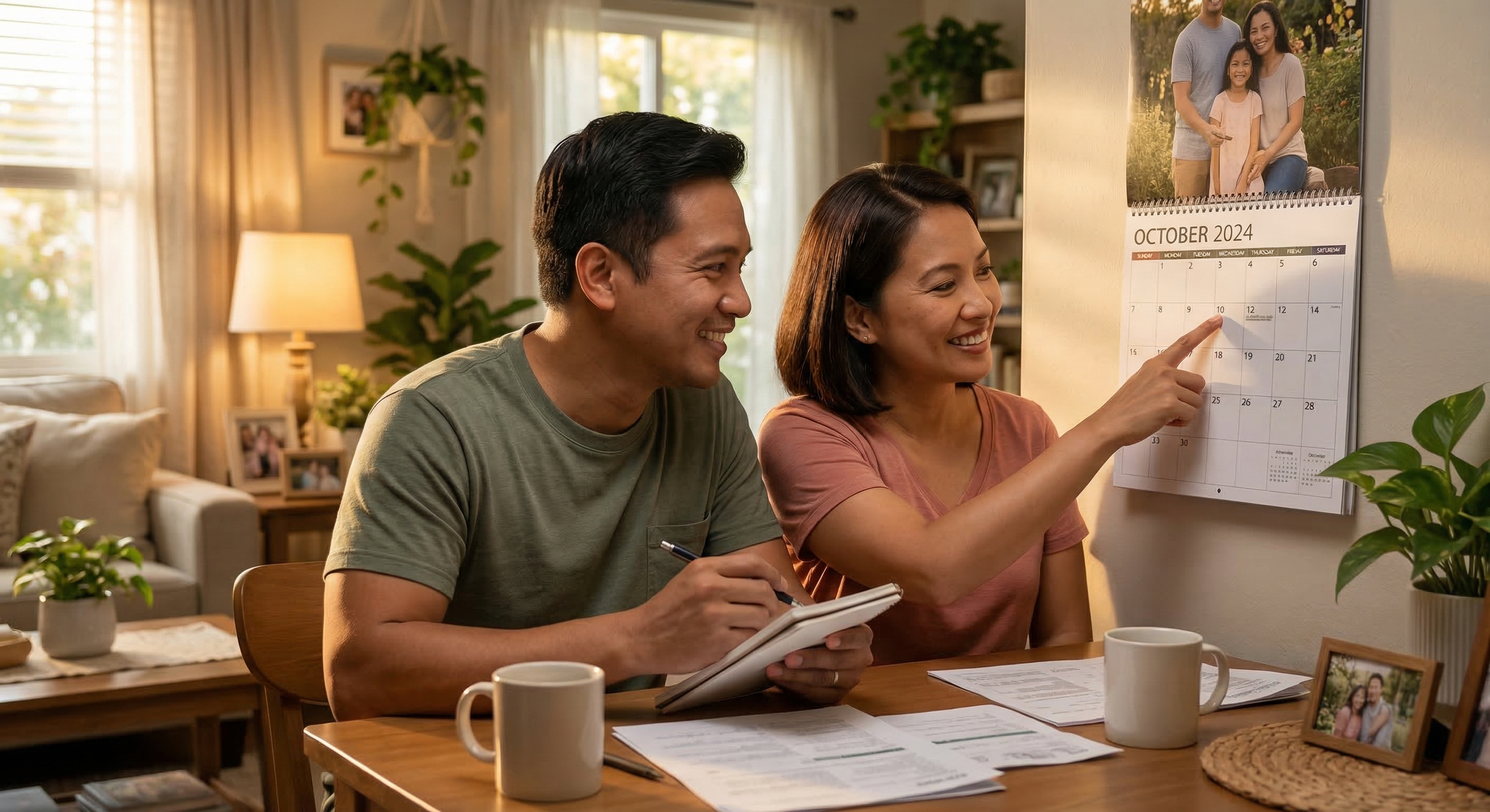 Filipino couple choosing wedding date from calendar