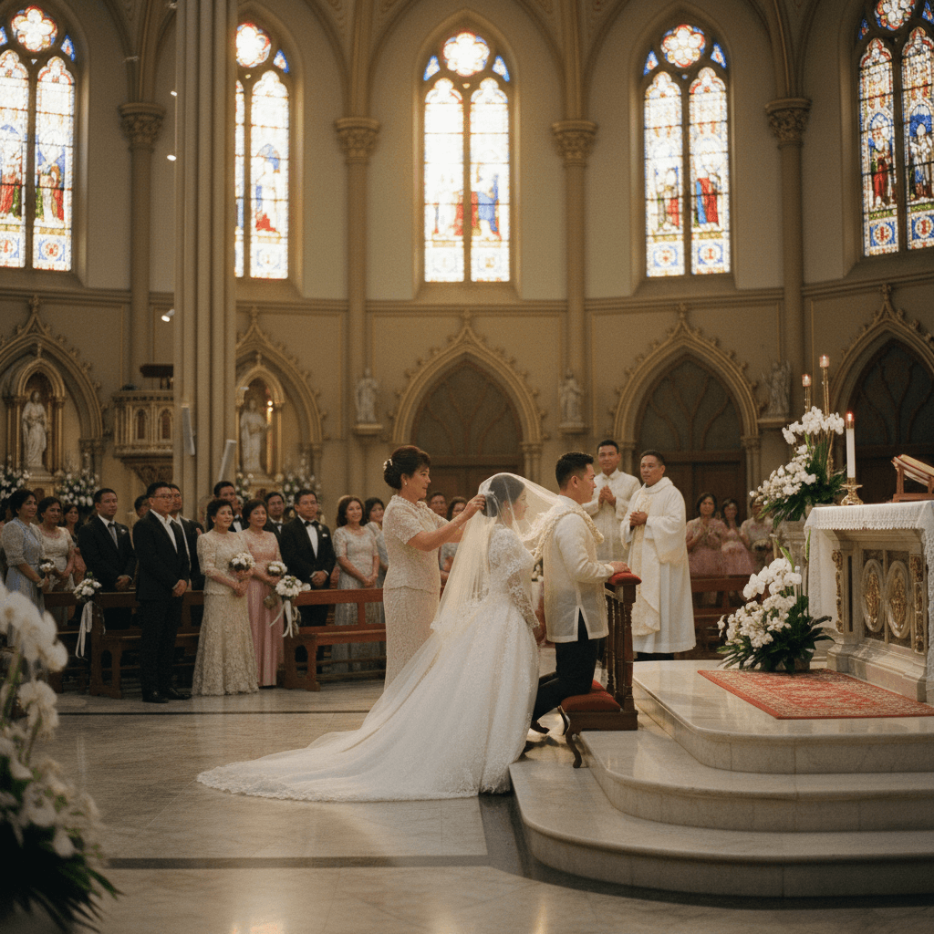 A Filipino wedding ceremony inside a grand Catholic church, the bride and groom kneeling at the alta