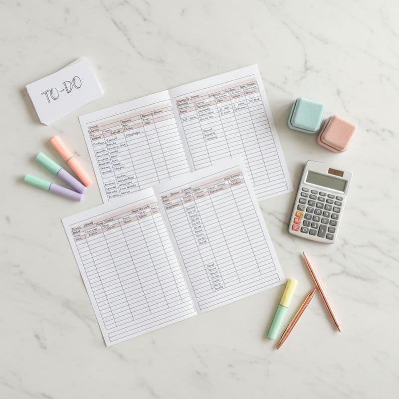 Overhead flat lay of wedding budget planning spreadsheets, a calculator, ring boxes, and pastel high