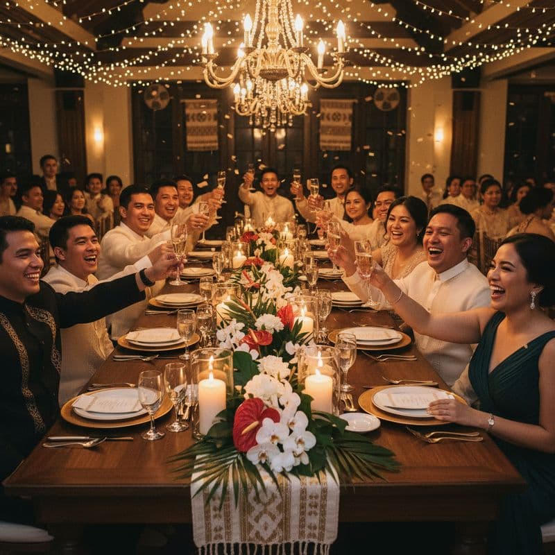 A joyful Filipino wedding reception scene with guests clinking glasses and laughing at a beautifully
