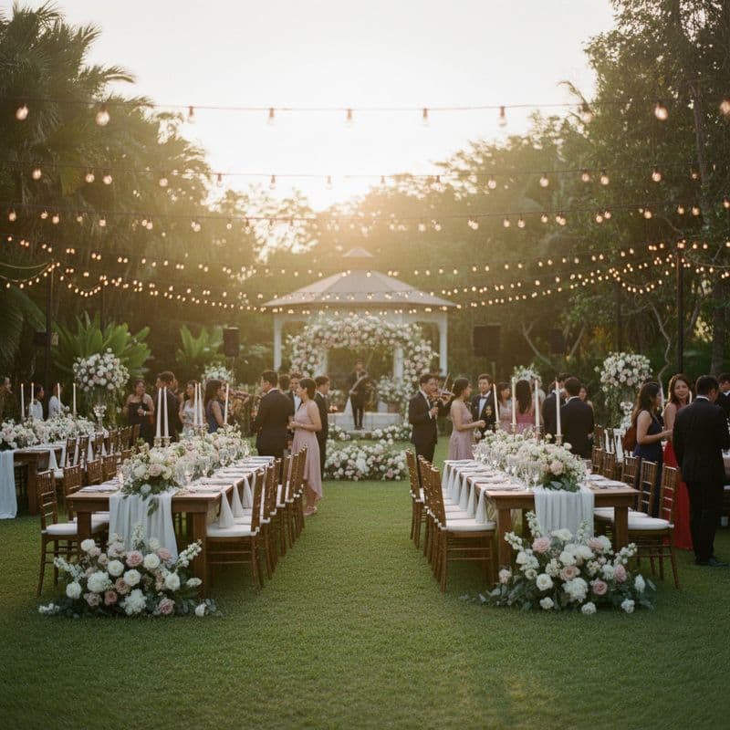A grand Filipino wedding reception setup in a garden venue at golden hour, with long banquet tables