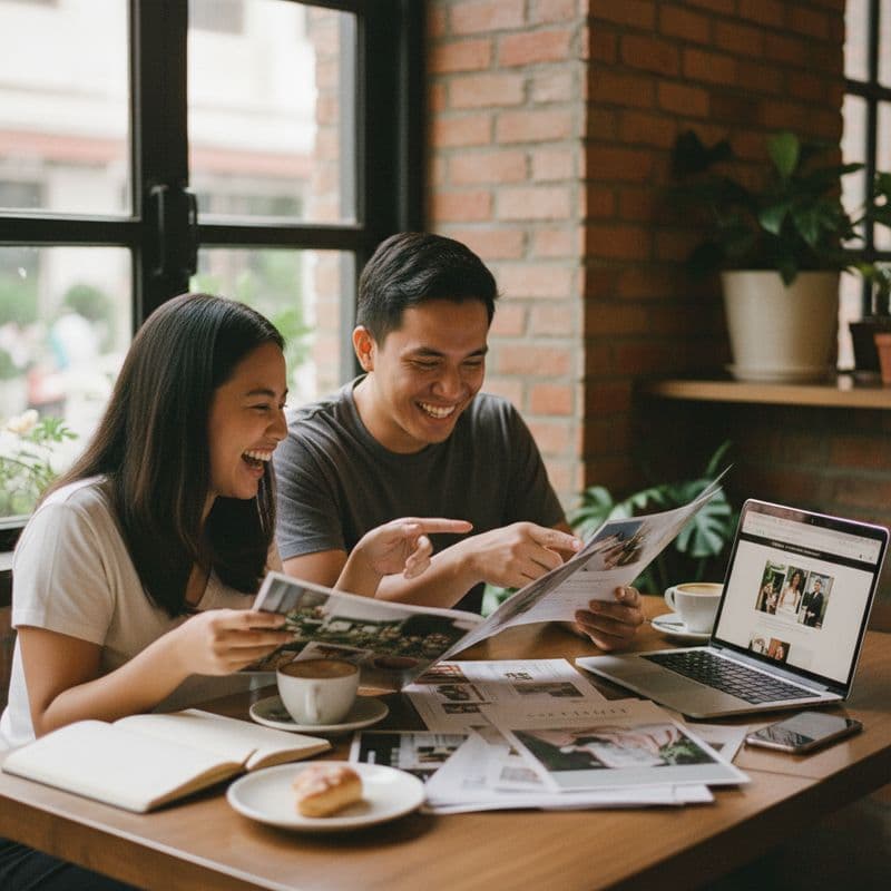 A joyful Filipino couple reviewing wedding supplier brochures and a laptop at a cozy café table, war