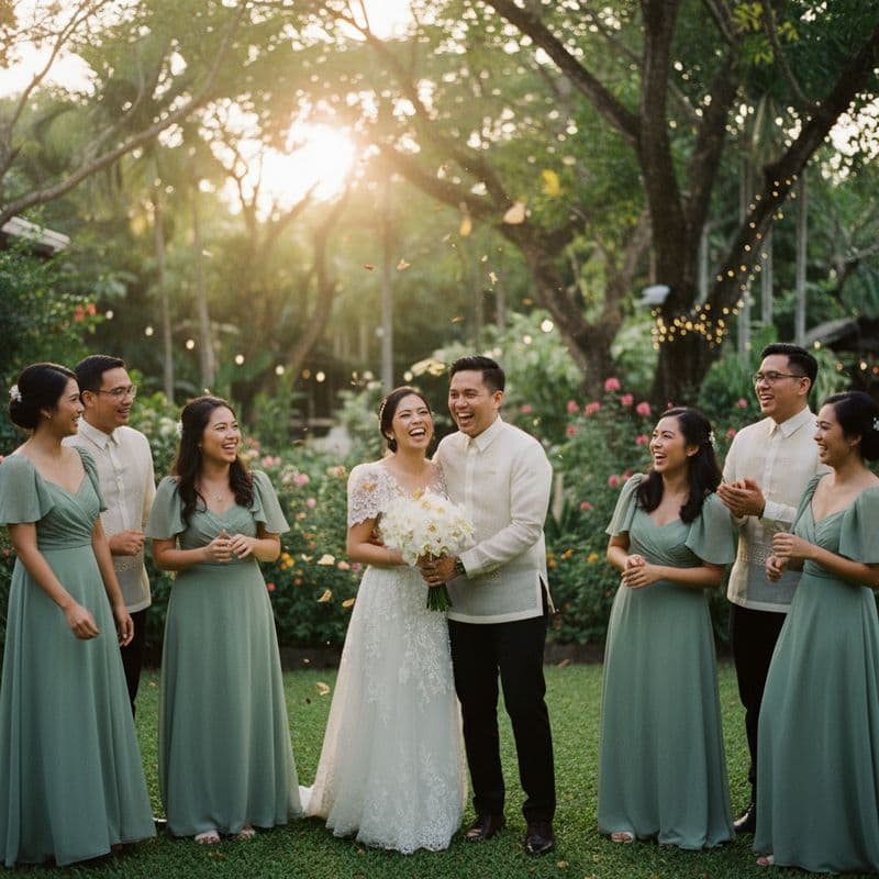 A joyful Filipino couple surrounded by their wedding party at a garden venue in the Philippines, war