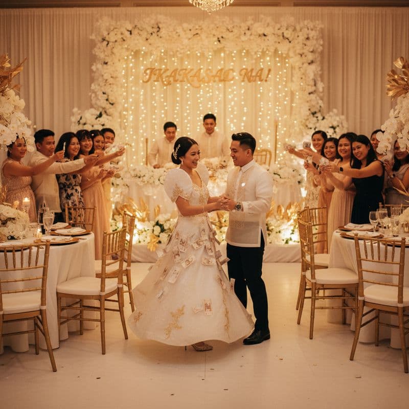 A joyful wedding reception scene with guests lining up to pin money on a dancing bride and groom, wa