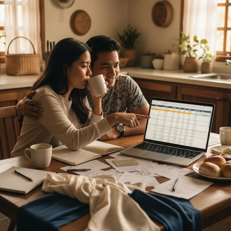 A Filipino couple sitting together at a kitchen table covered in wedding planning materials, swatche