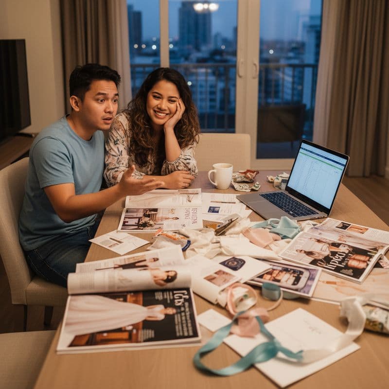 A Filipino couple sitting together at a dining table covered in wedding magazines, swatches, and a l