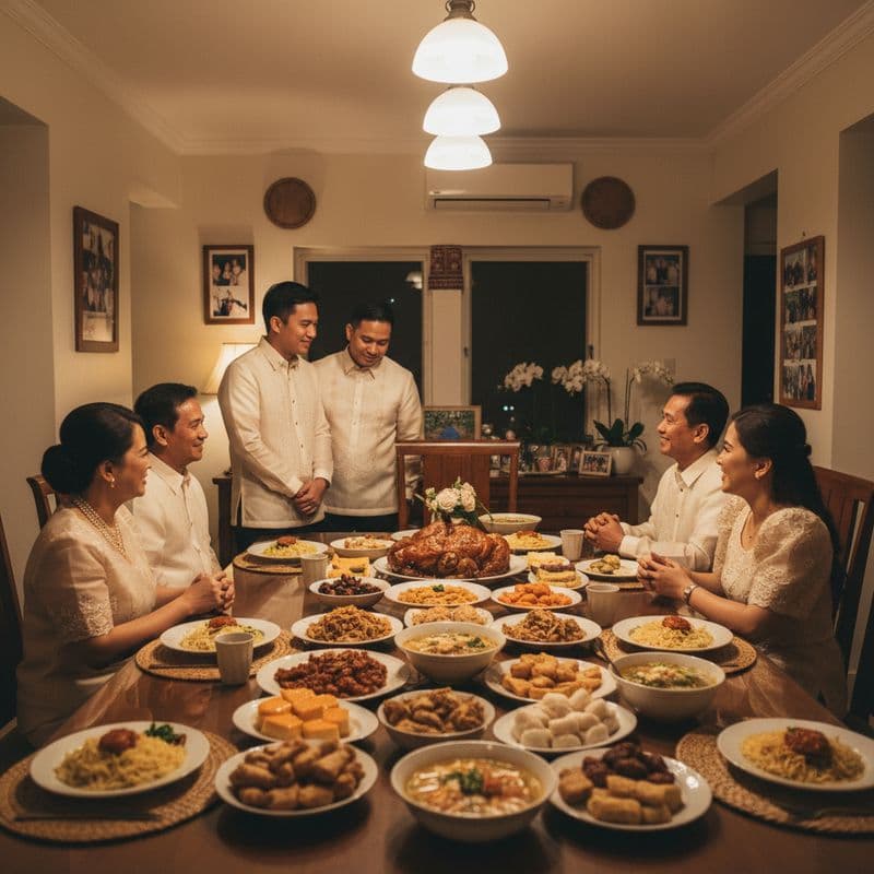 A Filipino family gathered around a dining table during pamamanhikan, warm indoor lighting, traditio