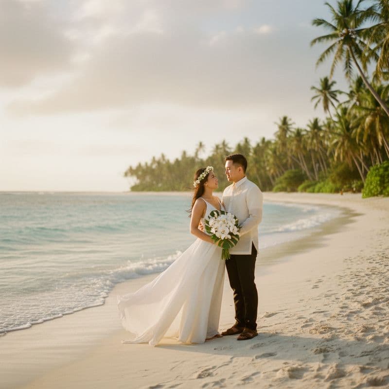 A Filipino couple standing on a white sand beach at golden hour, the bride in a lightweight flowing