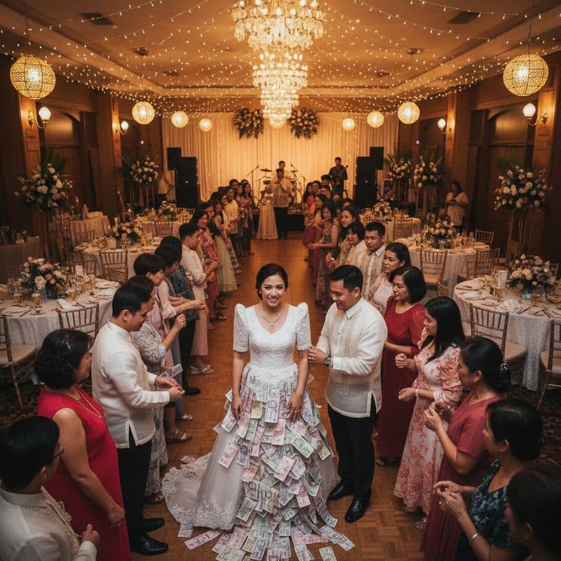 A Filipino wedding reception scene showing the money dance tradition, with guests lining up to pin p