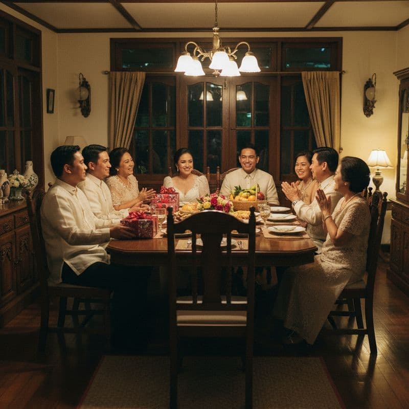 A warm Filipino family gathered around a dining table during pamamanhikan, the groom's family presen