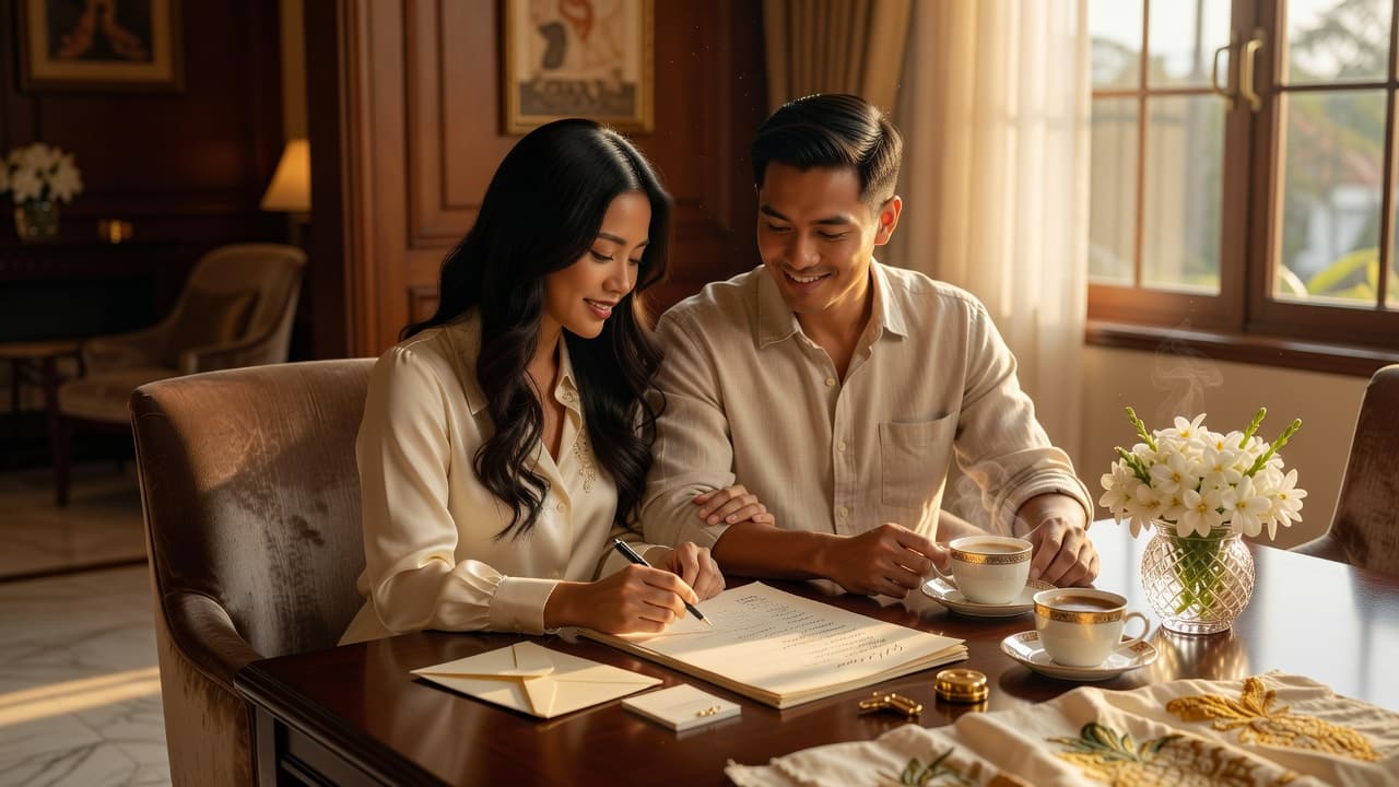 A couple reviewing their wedding guest list together at a table with coffee, representing Filipino wedding planning