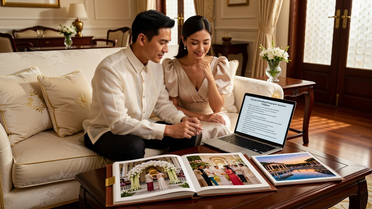 Couple reviewing a checklist of wedding photographer questions Philippines with a photographer’s portfolio on a laptop