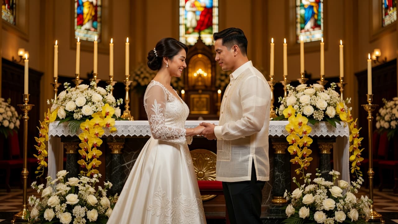 Filipino couple exchanging vows at a Catholic church wedding altar with flowers and candlelight