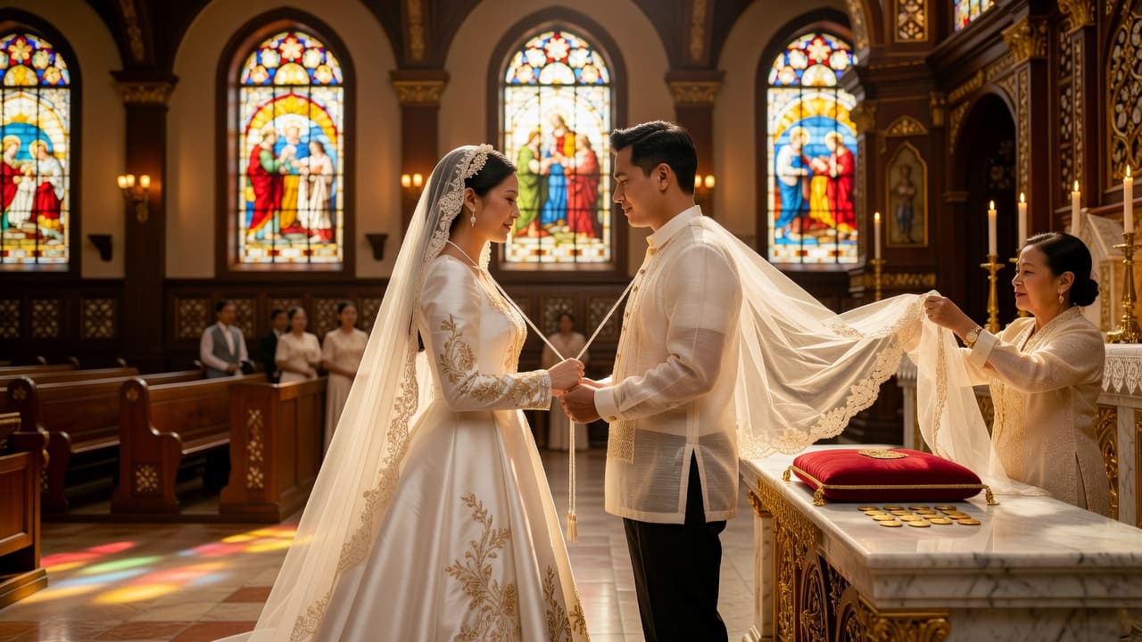 Filipino Catholic couple exchanging vows inside a church, with traditional arrhae, cord, and veil ceremony elements visible