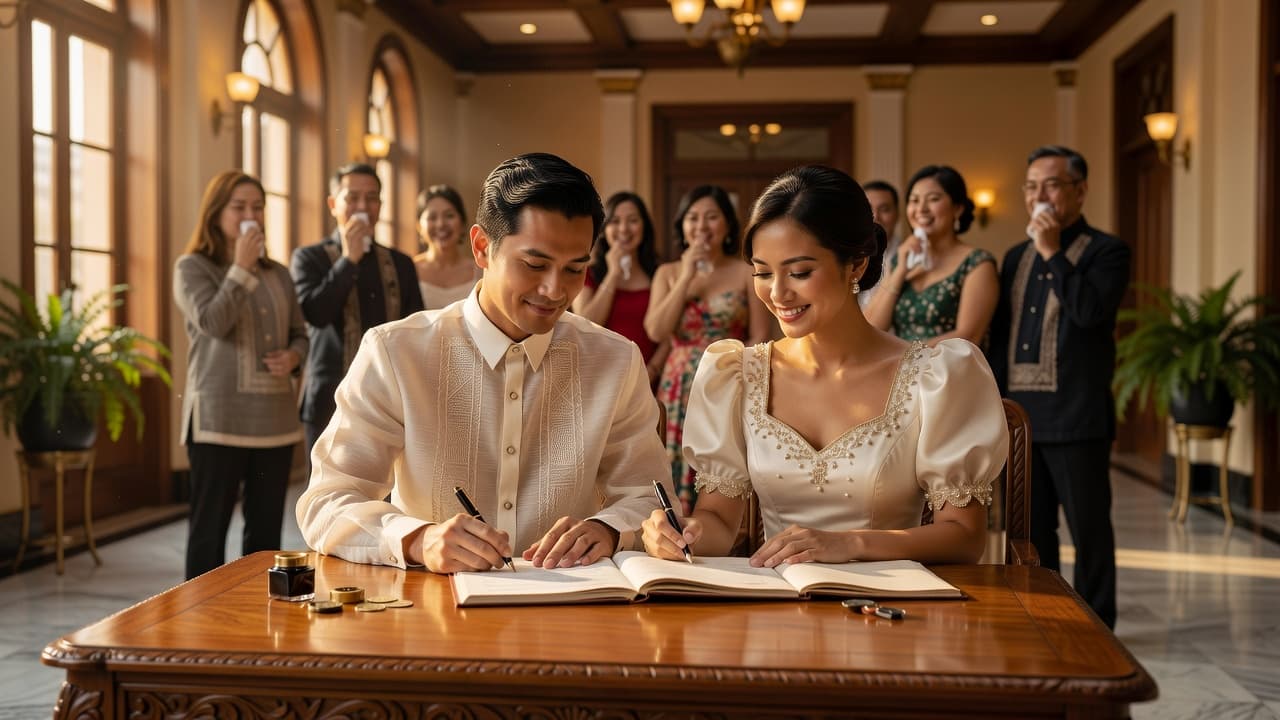 Filipino couple signing marriage documents at a civil wedding ceremony in the Philippines