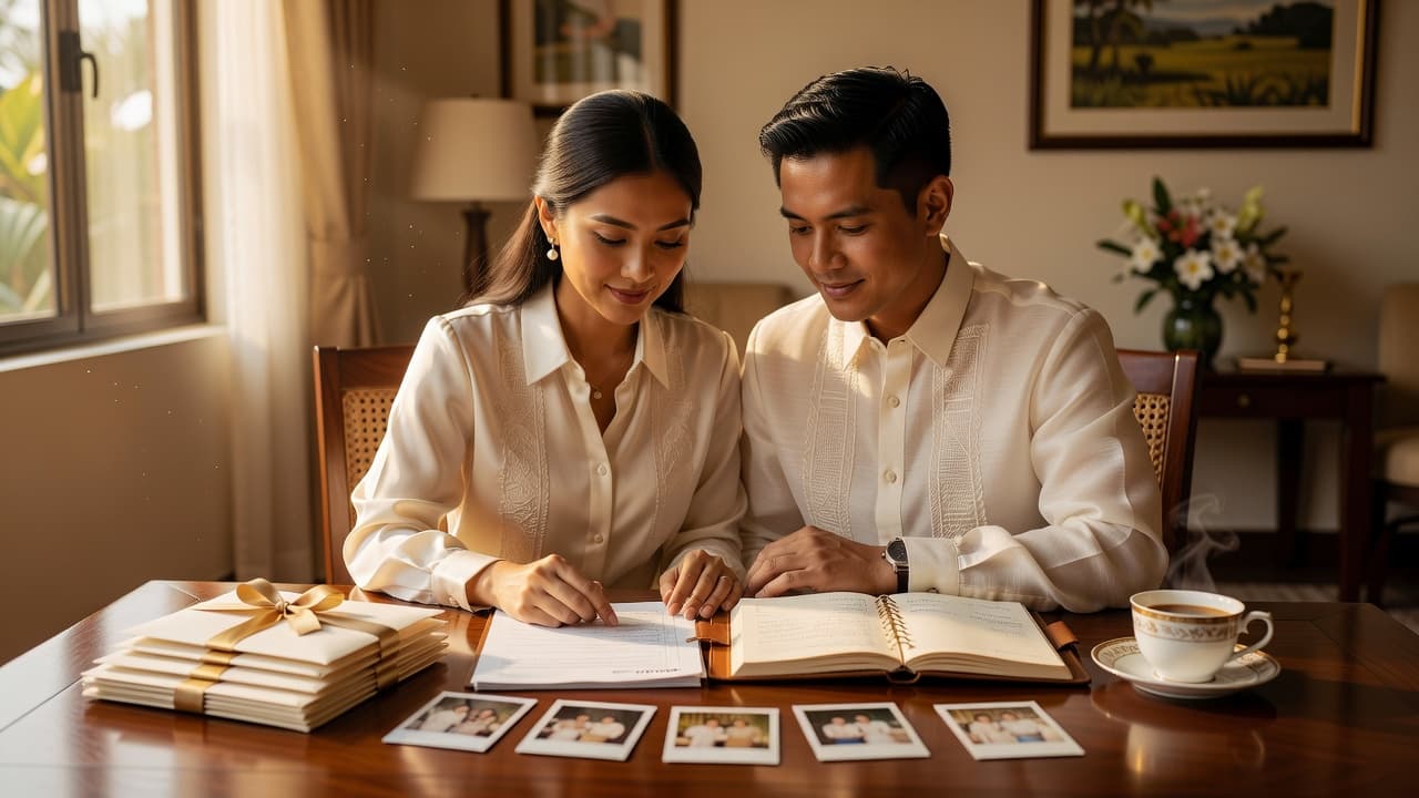 Filipino couple reviewing post-wedding documents and checklist together at home