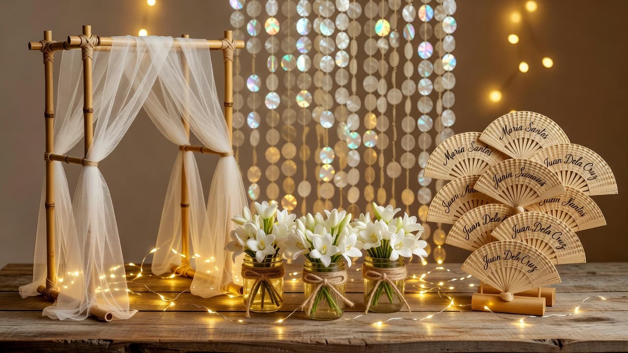 Collage of DIY Filipino wedding decorations featuring sampaguita mason jar centerpieces, bamboo and tulle ceremony archways, capiz shell curtain backdrop, and abaca fan escort cards on a rustic wooden table with fairy lights