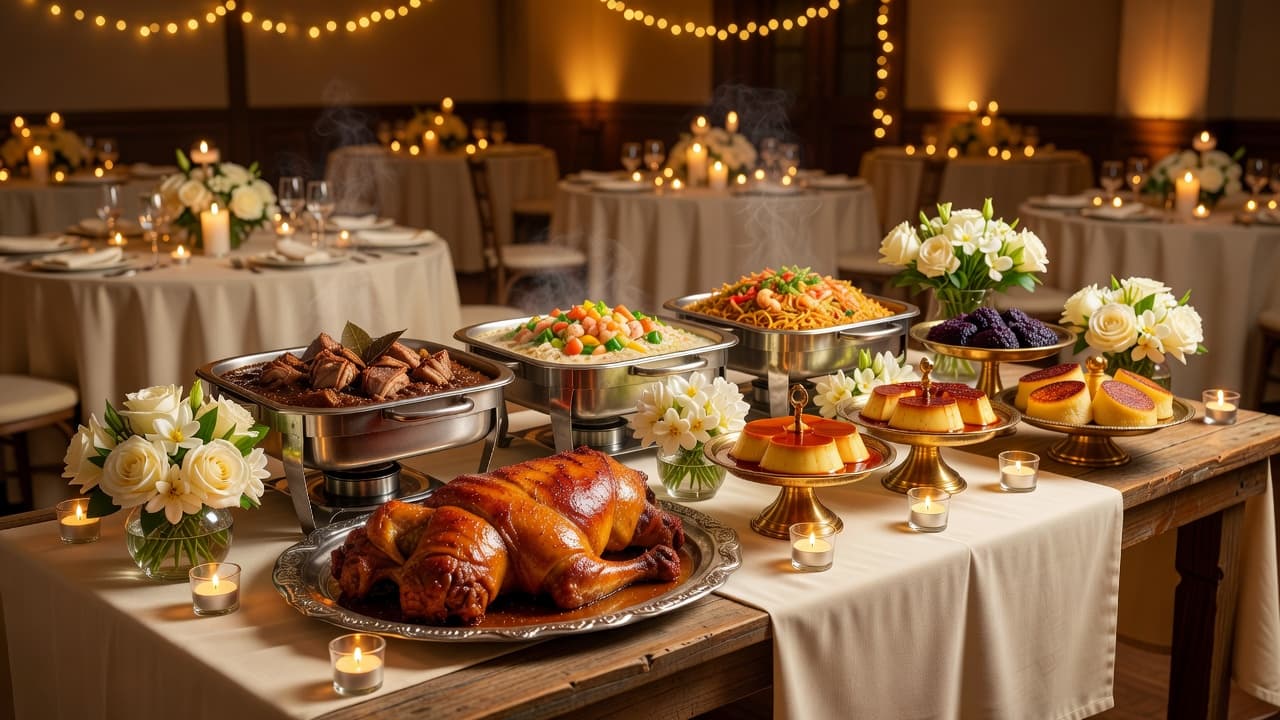 Filipino wedding catering buffet spread with lechon, viands, and dessert station for 200 guests on a budget