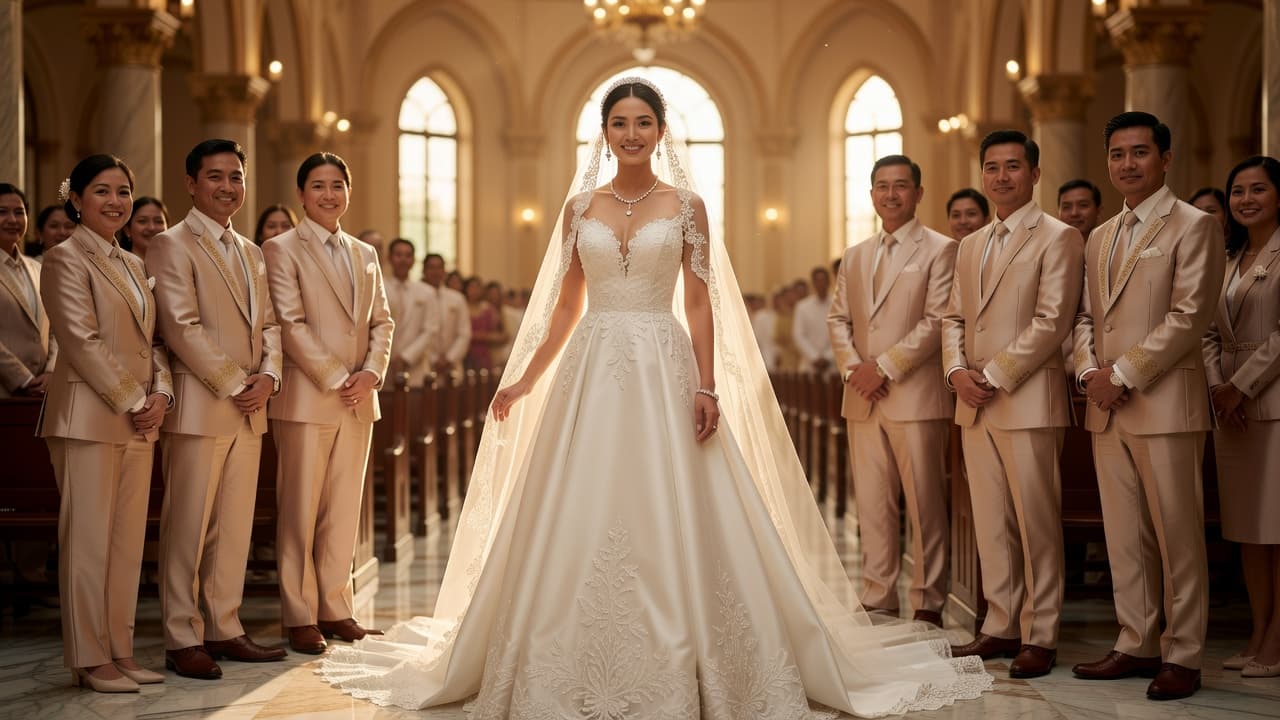 Filipina bride in a modern A-line wedding gown with coordinated veil, accessories, and matching entourage suits at a Philippines wedding
