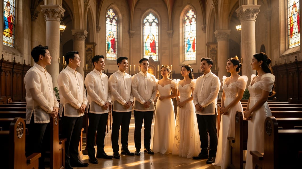 Filipino wedding entourage in traditional barong Tagalog and Filipiniana gowns during a church ceremony