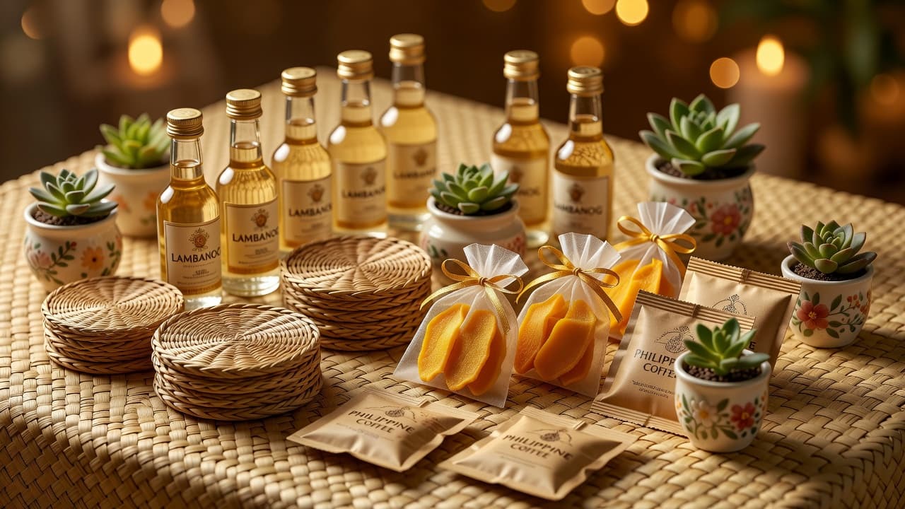 Collection of Filipino wedding favors including lambanog mini bottles, abaca coasters, dried mango, local coffee, and hand-painted succulent pots arranged on a woven banig mat