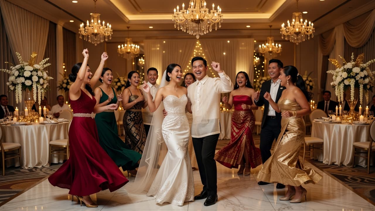 Joyful Filipino wedding reception with guests dancing and celebrating at a decorated venue