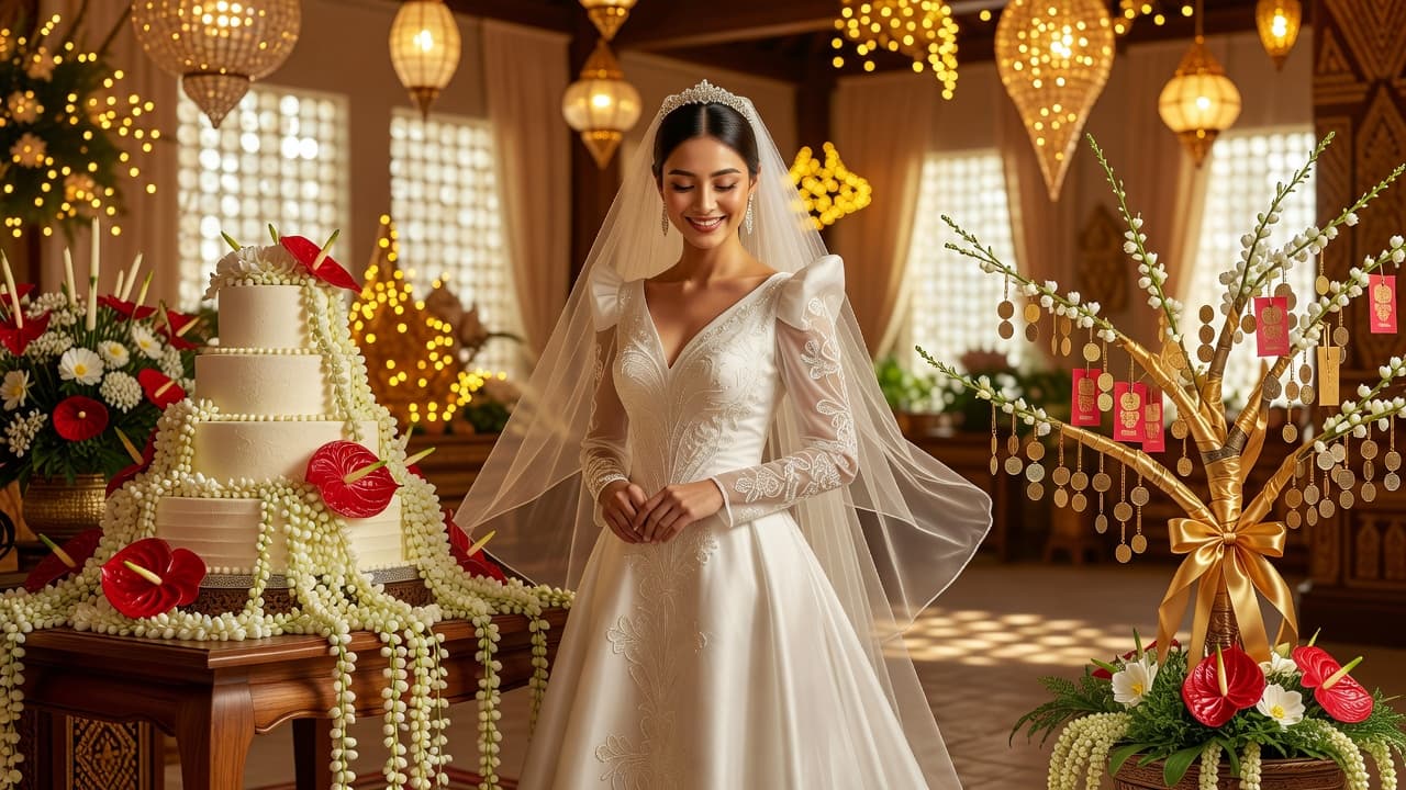 Filipino bride in traditional white gown with veil, surrounded by warm cultural wedding elements