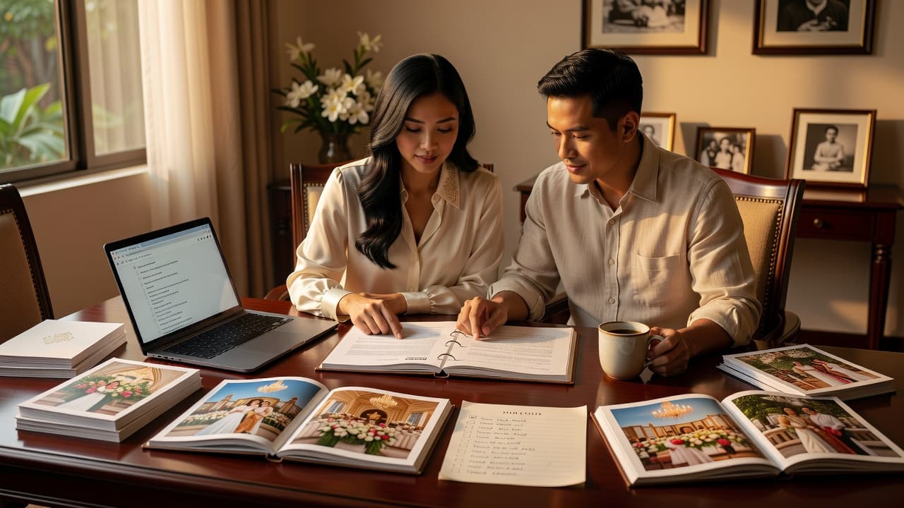 Filipino couple reviewing wedding vendor portfolios and contracts at a planning table with supplier brochures, laptop, and checklist