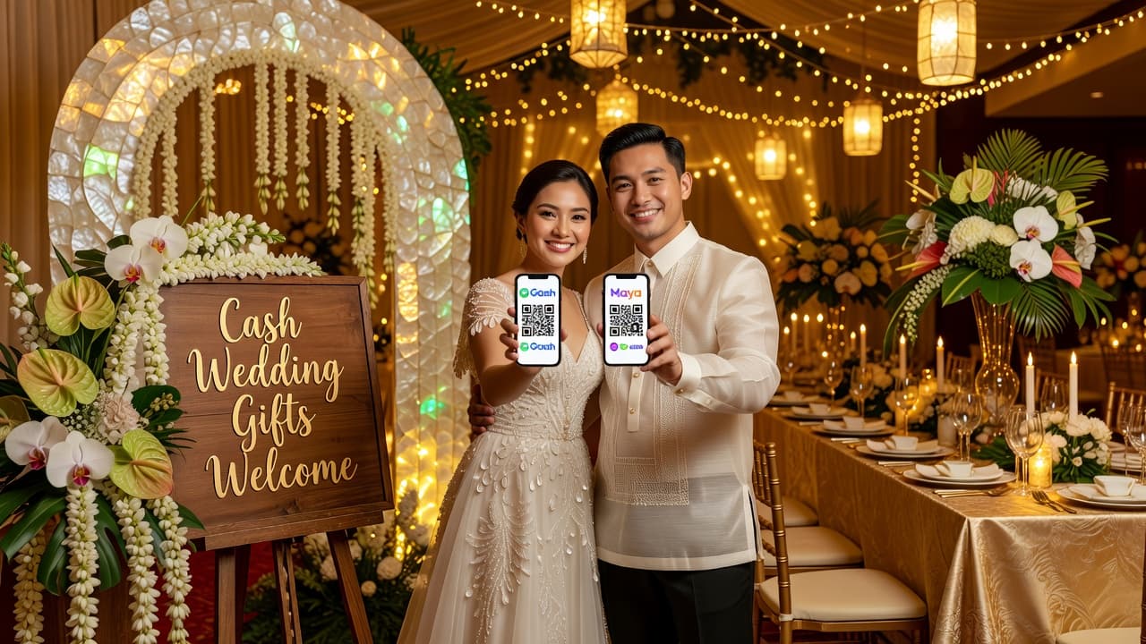 Filipino couple holding smartphones showing GCash and Maya QR codes at their wedding reception with a sign reading 'Cash Wedding Gifts Welcome' surrounded by traditional Filipino wedding decor