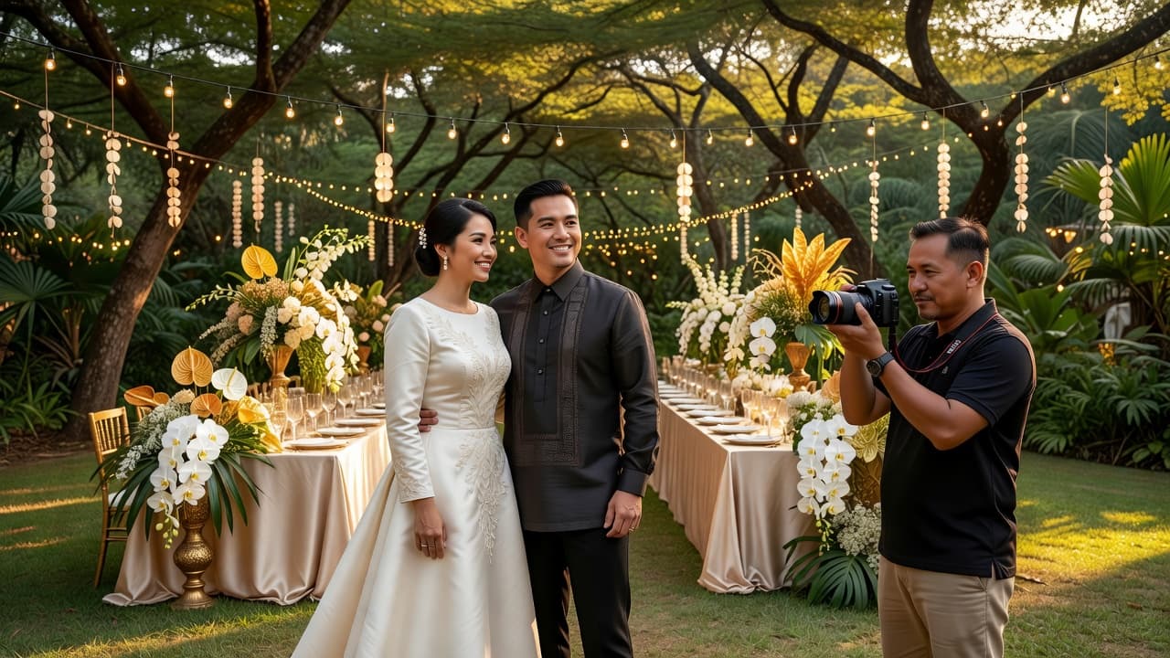 Filipino couple posing with their wedding photographer at a garden reception venue in the Philippines