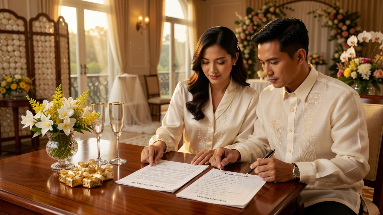 Filipino couple reviewing a wedding supplier contract and vetting checklist to avoid scams